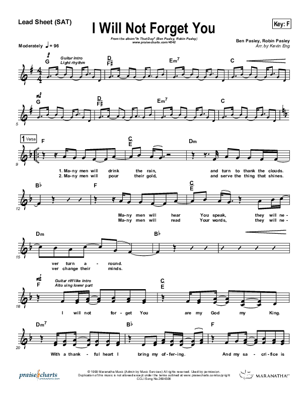I Will Not Forget You Lead Sheet (Maranatha Praise Band)