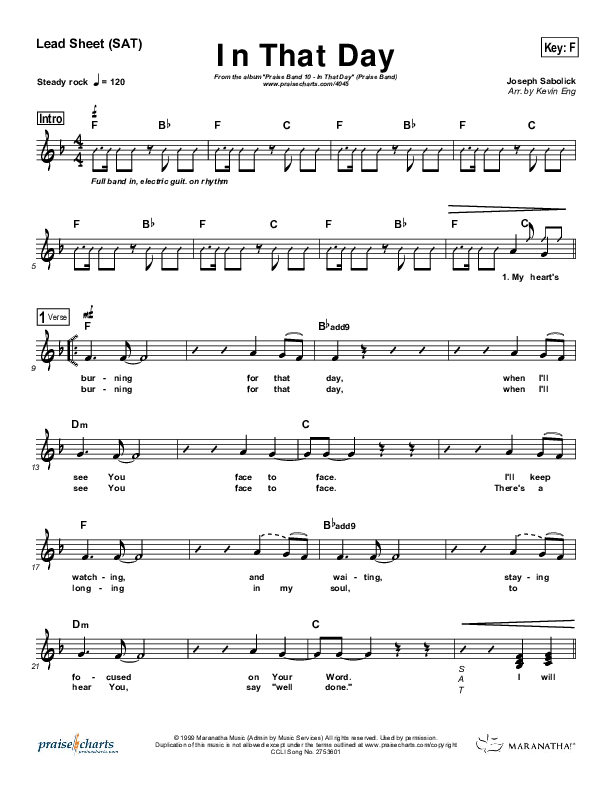 In That Day Lead Sheet (Maranatha Praise Band)