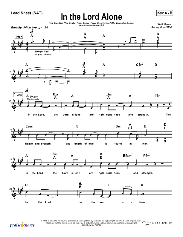 In The Lord Alone Lead Sheet (SAT) (Maranatha Singers)