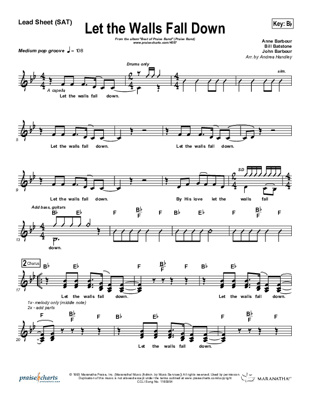 Let The Walls Fall Down Lead Sheet (Maranatha Praise Band)