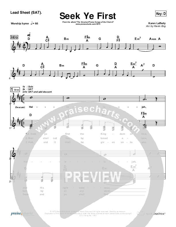 Seek Ye First Lead Sheet (SAT) (Karen Lafferty)