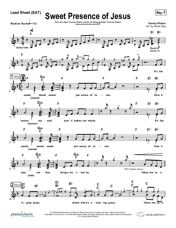 Sweet Presence Of Jesus Lead Sheet (Tommy Walker)