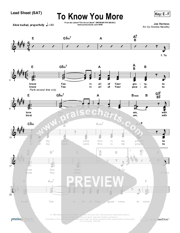 To Know You More Lead Sheet (Maranatha Singers)