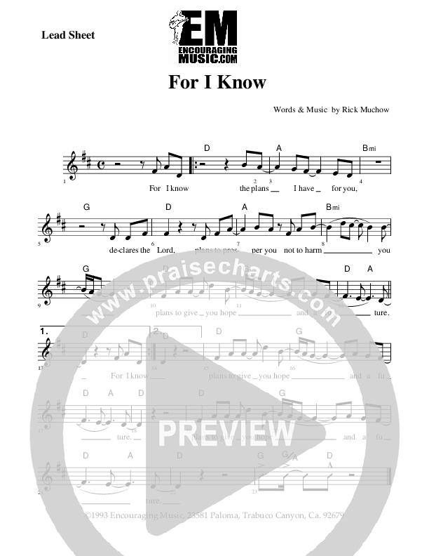 For I Know Lead Sheet (Rick Muchow)