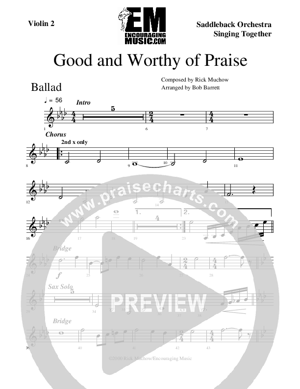 Good And Worthy Of Praise Violin 2 (Rick Muchow)