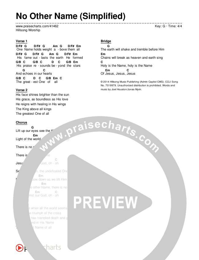 No Other Name Simplified Chords Pdf Hillsong Worship Praisecharts