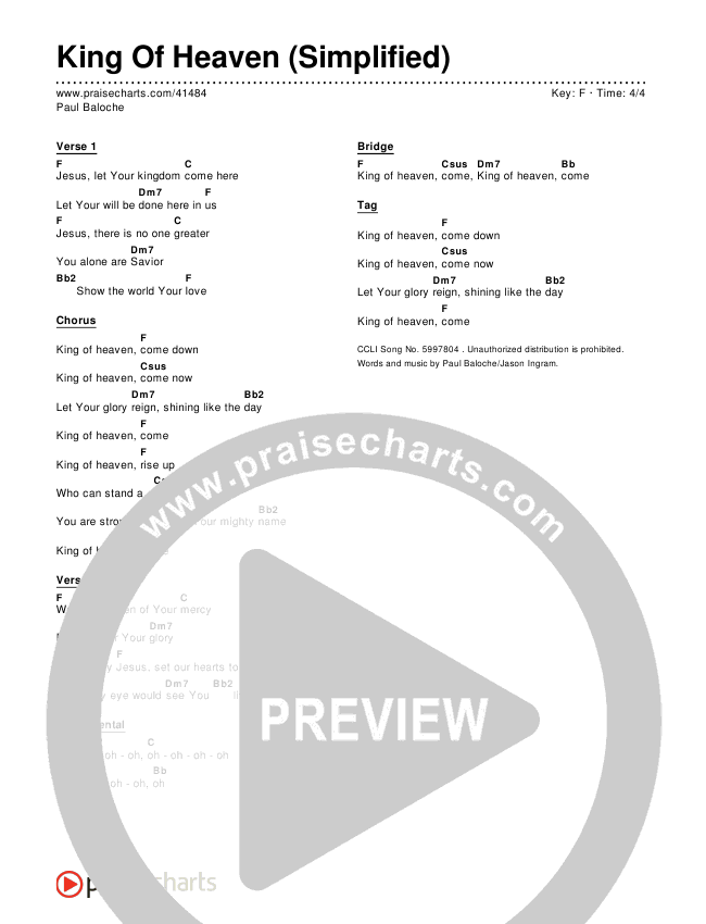King Of Heaven (Simplified) Chord Chart ()
