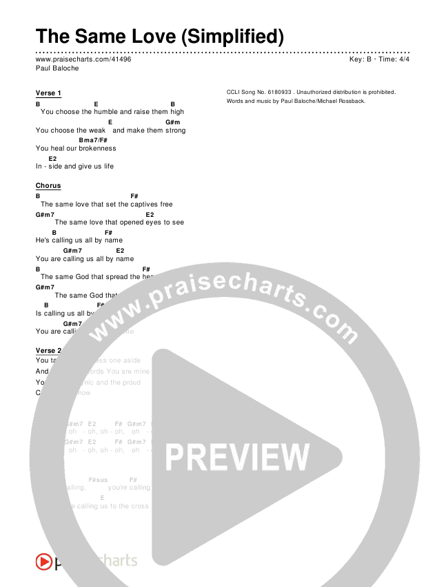 The Same Love (Simplified) Chord Chart ()