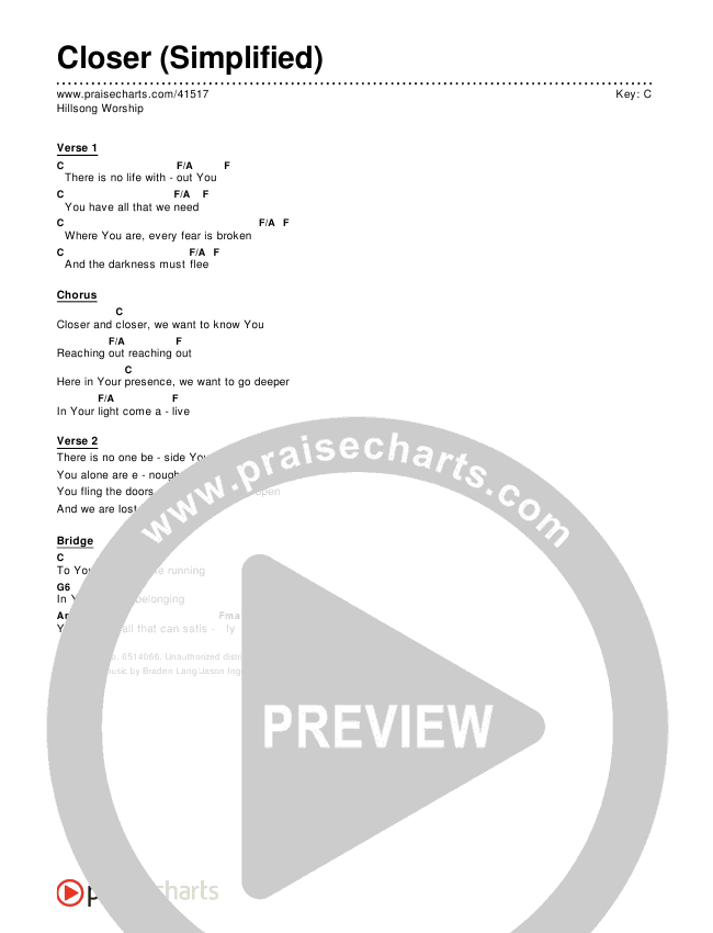 Closer (Simplified) Chord Chart (Hillsong Worship)