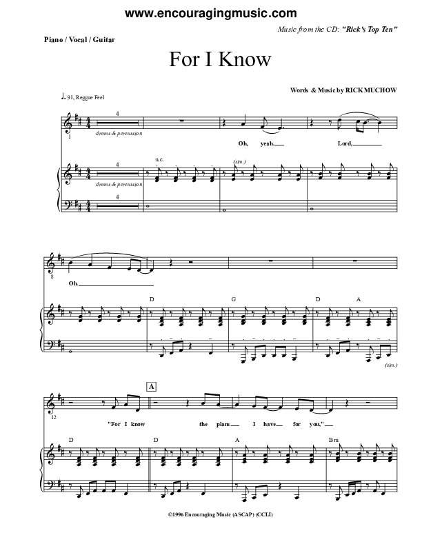For I Know Piano/Vocal (Rick Muchow)