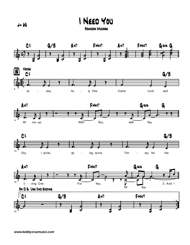 I Need You Lead Sheet (Brandon Muchow)