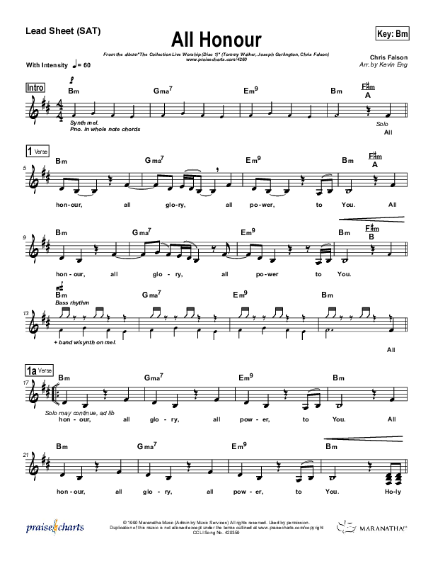 All Honour Lead Sheet (SAT) (Tommy Walker / Joseph Garlington / Chris Falson)