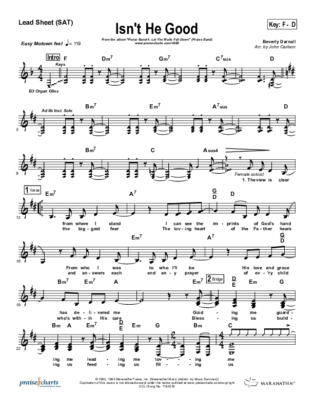 Isn't He Good Lead Sheet (Maranatha Praise Band)