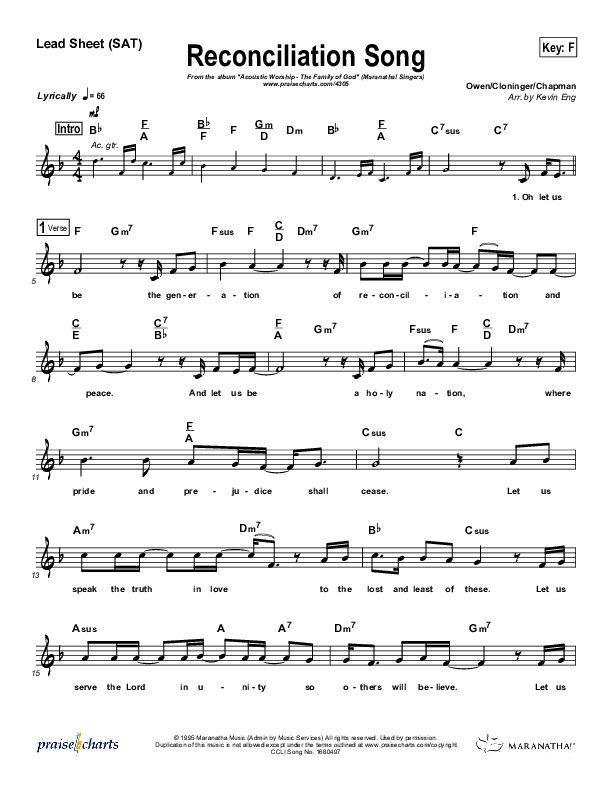The Reconciliation Song Lead Sheet (SAT) (Maranatha Singers)