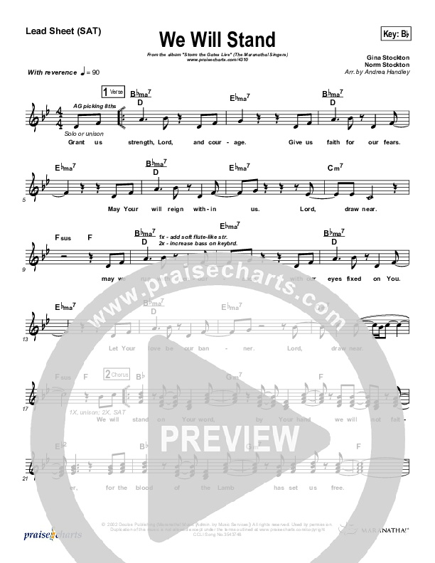 We Will Stand Lead Sheet (SAT) (Maranatha Singers)