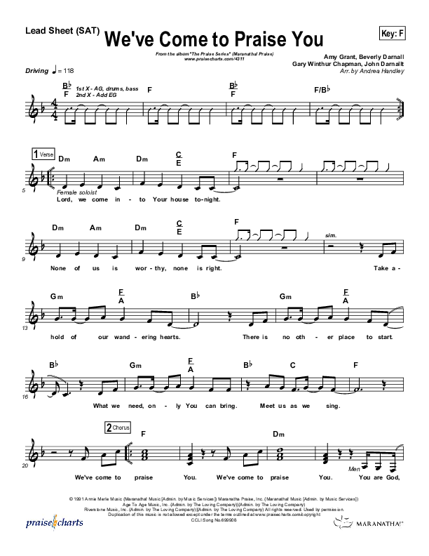 We've Come To Praise You Lead Sheet (Maranatha Singers)