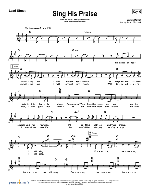 Sing His Praise Lead Sheet (Jachin Mullen)
