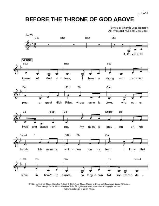 Before The Throne Of God Above Lead Sheet (Sovereign Grace)