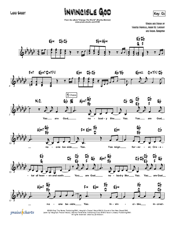 Invincible God Lead Sheet (Martha Munizzi)