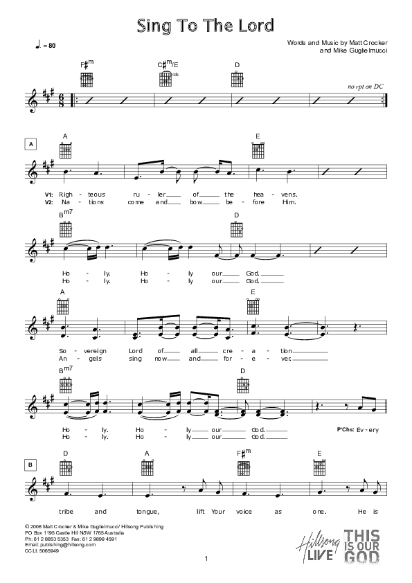 Sing To The Lord (Instrumental) Lead Sheet (Hillsong Worship)