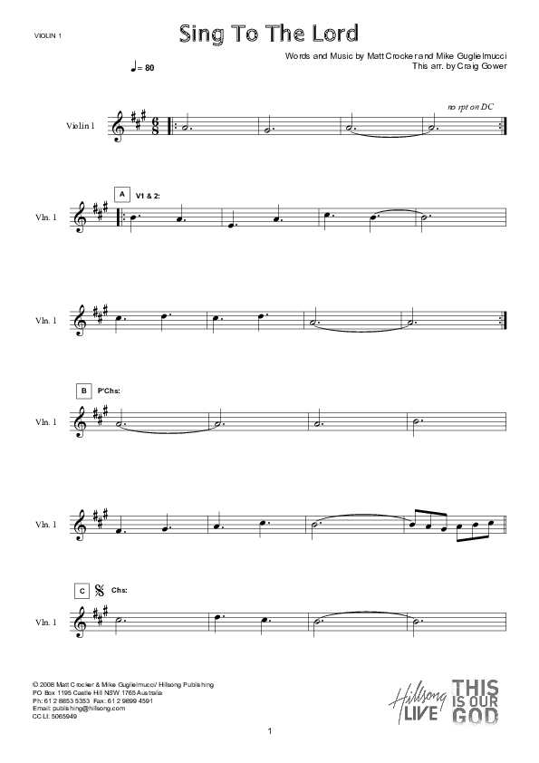 Sing To The Lord (Instrumental) Violin 1 (Hillsong Worship)