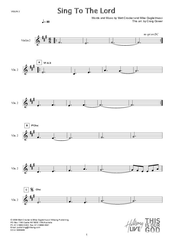 Sing To The Lord (Instrumental) Violin 2 (Hillsong Worship)