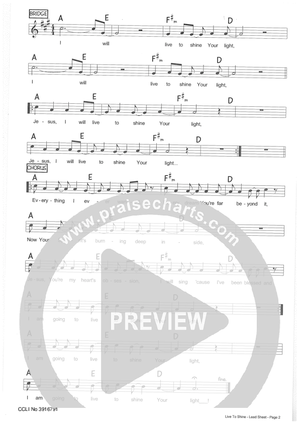 Live To Shine Lead Sheet (Riverview Church)