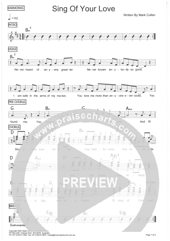 Sing Of Your Love Lead Sheet (Riverview Church)