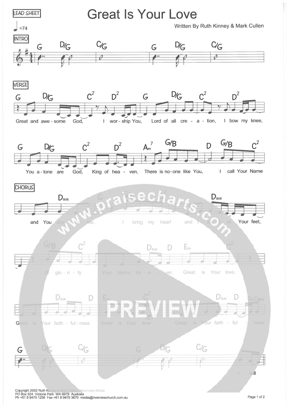 Great Is Your Love Lead Sheet (Riverview Church)