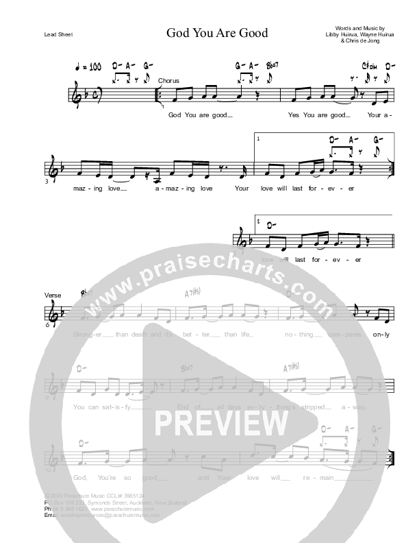 God You Are Good Lead Sheet (Parachute Band)