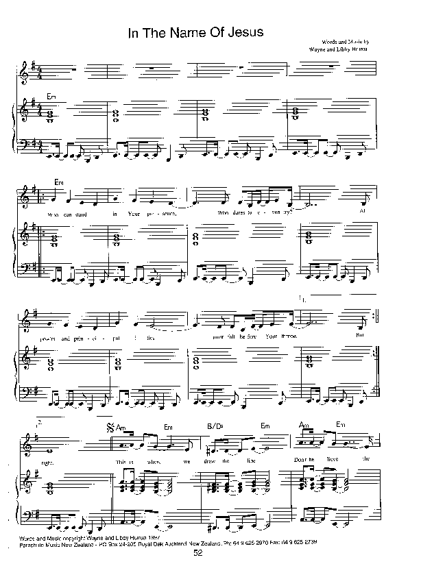 In the Name of Jesus Lead Sheet (Parachute Band)