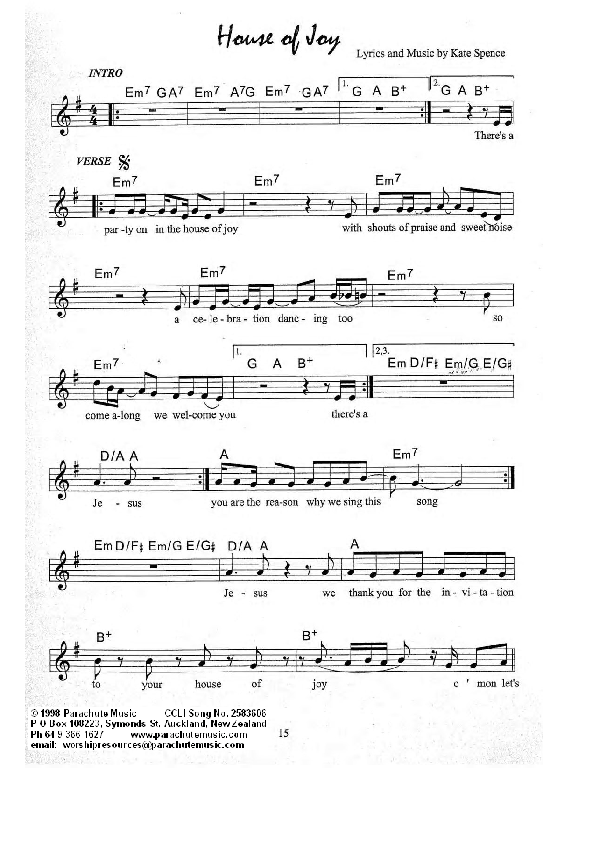 House of Joy Lead Sheet (Kate Wray)