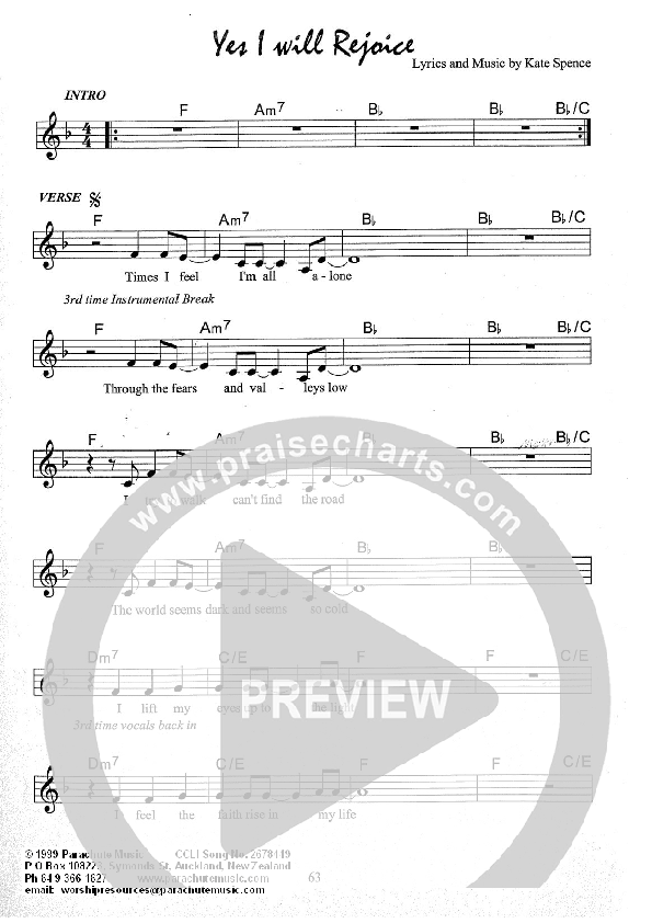 Yes I Will Rejoice Lead Sheet (Kate Wray)
