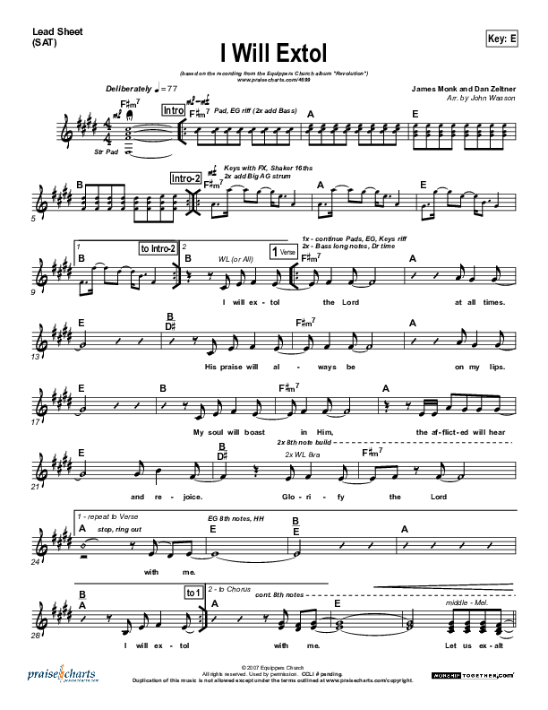 I Will Extol Lead Sheet (Equippers Church)