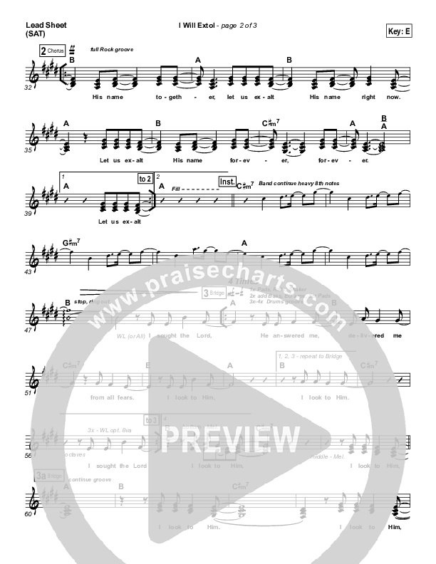 I Will Extol Lead Sheet (Equippers Church)