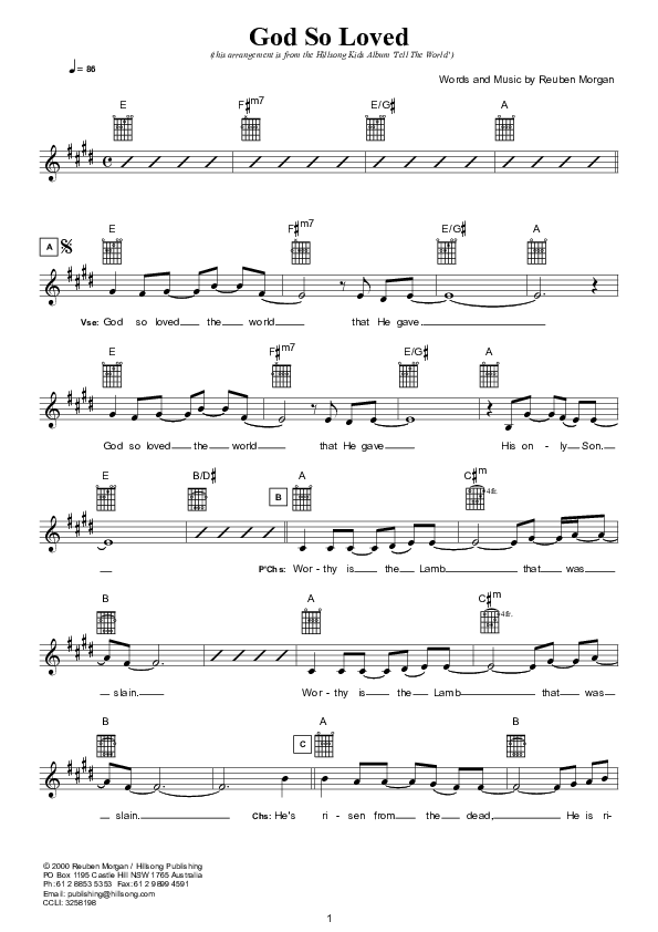 God So Loved Lead Sheet (Hillsong Kids)