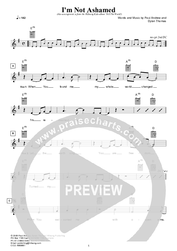 I'm Not Ashamed Lead Sheet (Hillsong Kids)