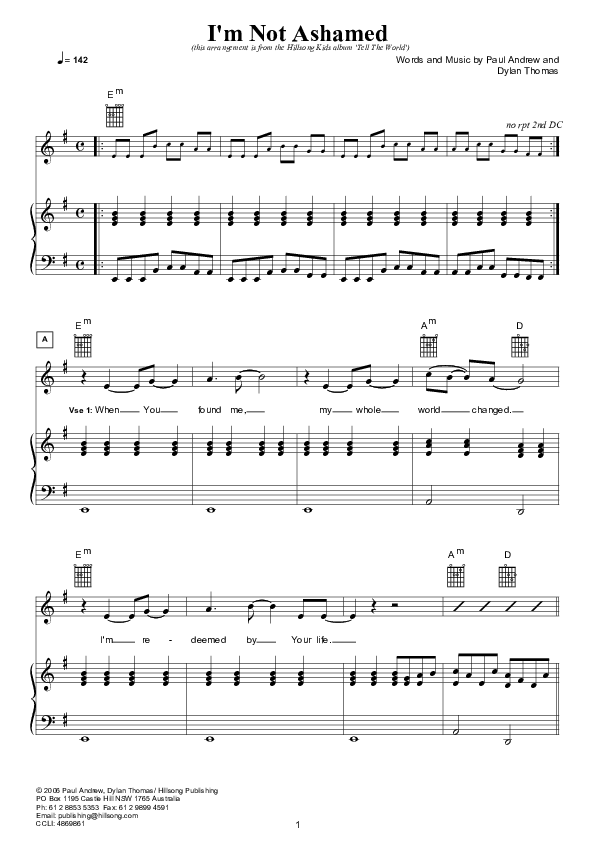 I'm Not Ashamed Piano/Vocal (Hillsong Kids)