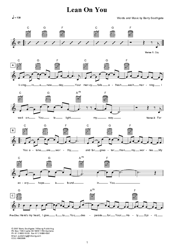 Lean On You Lead Sheet (Hillsong Kids)