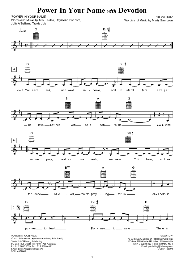 Power In Your Name Lead Sheet (Hillsong Kids)