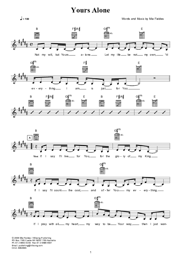 Yours Alone Lead Sheet (Hillsong Kids)
