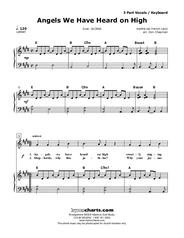 Angels We Have Heard On High Piano/Vocal (SAT) (Don Chapman)