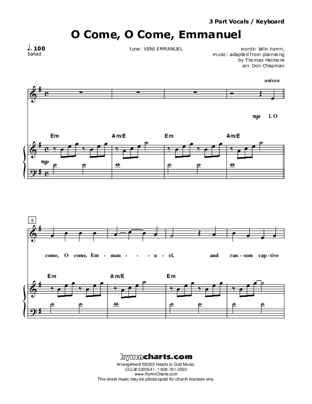 O Come O Come Emmanuel Piano/Vocal (SAT) (Don Chapman)