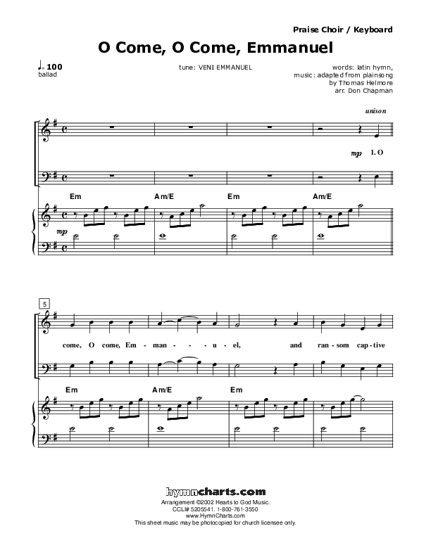 O Come O Come Emmanuel Piano/Vocal (SATB) (Don Chapman)