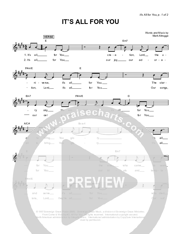 It's All For You Lead Sheet (Sovereign Grace)