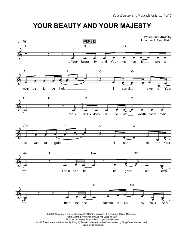 Your Beauty And Your Majesty Lead Sheet (Sovereign Grace)