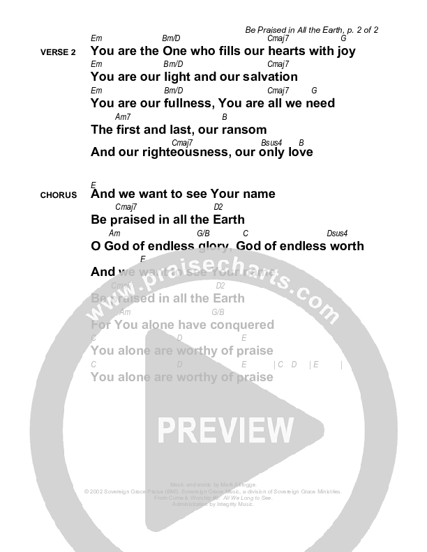 Be Praised In All The Earth Chords & Lyrics (Sovereign Grace)