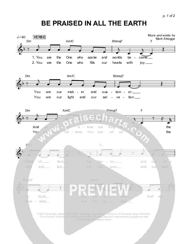 Be Praised In All The Earth Lead Sheet (Sovereign Grace)