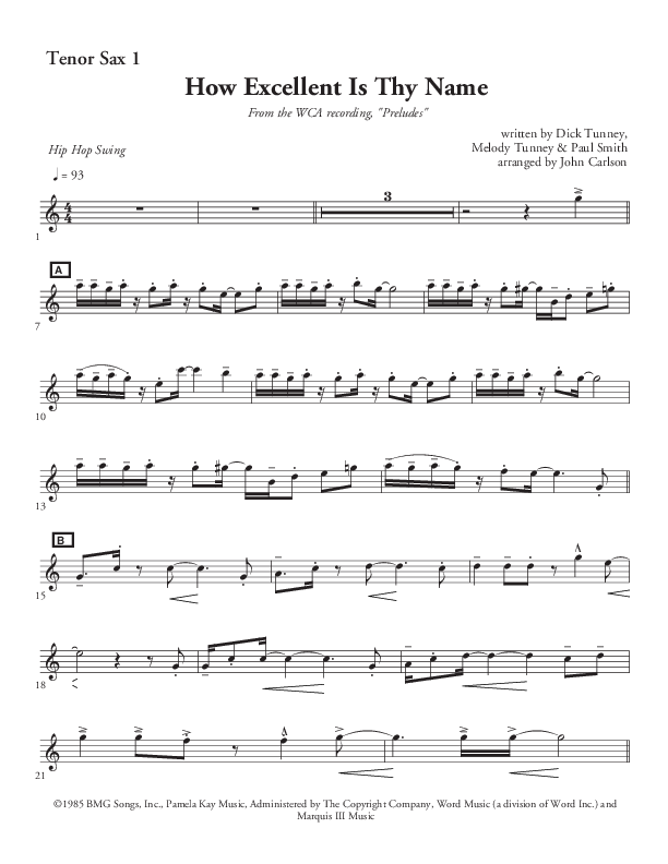 How Excellent Is Thy Name (Instrumental) Tenor Sax 1/2 (John Carlson)