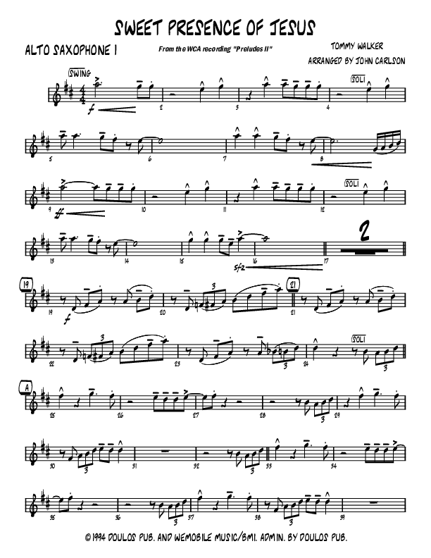 Sweet Presence Of Jesus (Instrumental) Alto Sax 1/2 (John Carlson)